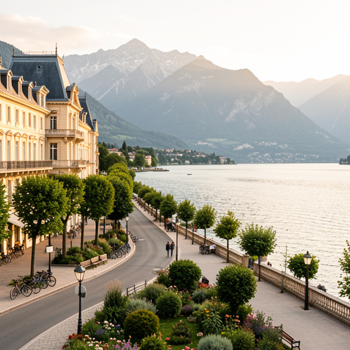 Vue d’Aix-les-Bains avec son architecture thermale, ses espaces verts, le lac du Bourget et les Alpes en arrière-plan.
