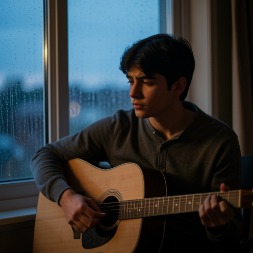 Un jeune homme pensif assis près d’une guitare acoustique, observant une fenêtre mouillée dans une lumière bleutée, évoquant la mélancolie et la distance émotionnelle.
