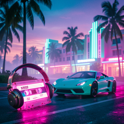Ambiance musicale rétro des années 1980 à Miami, avec une cassette audio, un casque, des palmiers, des bâtiments Art déco et une voiture turquoise sous des lumières néon roses et violettes.
