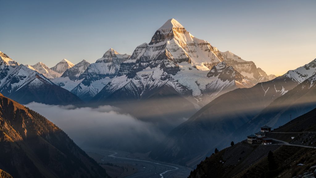 Le majestueux massif de l’Annapurna illuminé par la lumière dorée du lever du soleil, au-dessus d’une vallée himalayenne brumeuse.
