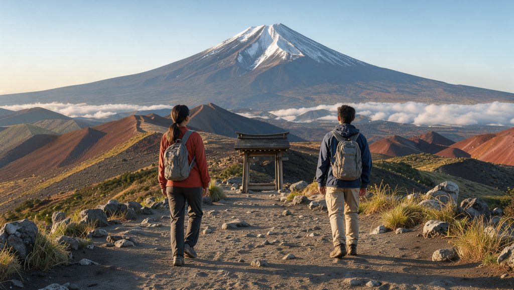 Deux randonneurs avancent respectueusement sur un sentier volcanique devant le mont Fuji, près d’un élément traditionnel japonais, sous une lumière dorée matinale.