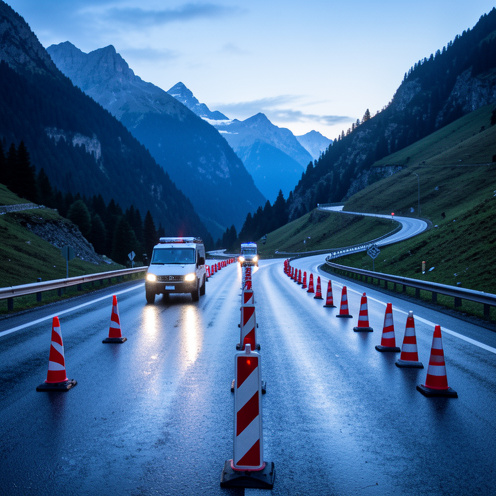 Autoroute de montagne fermée par des barrières et des cônes, avec une route alternative inspectée dans un paysage alpin.