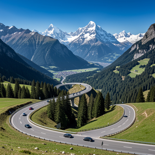 Vue panoramique d’une autoroute traversant les Alpes entre la Savoie et Turin, avec des routes alternatives dans une vallée montagneuse.