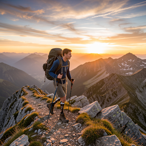 Un jeune homme équipé d’une prothèse de jambe avance sur une crête montagneuse au lever du soleil, avec un sac à dos et des bâtons de marche.