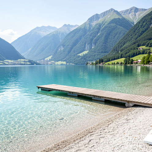 Vue d’une plage naturelle au bord du lac du Bourget près d’Aix-les-Bains, avec une eau turquoise, un ponton en bois et les Alpes verdoyantes en arrière-plan.