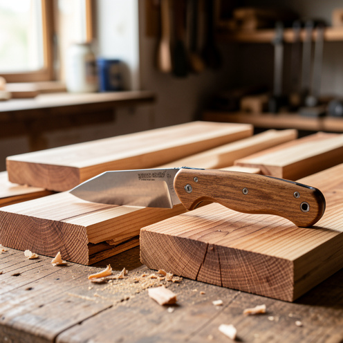 Couteau pliant traditionnel à manche en bois posé à côté de plusieurs échantillons de bois fraîchement coupés.
