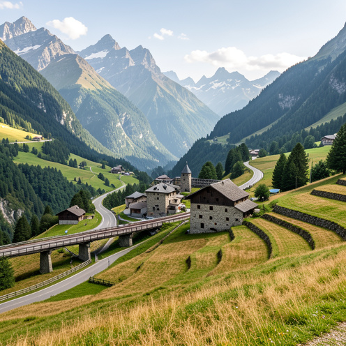 Vue panoramique de Bourg-Saint-Maurice dans une vallée alpine, avec un village historique, une route de montagne, un pont ferroviaire et des paysages agricoles entourés de sommets.