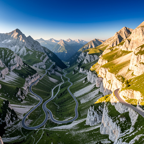 Vue panoramique d’une route alpine très escarpée serpentant à travers les paysages montagneux du col de Scanuppia.