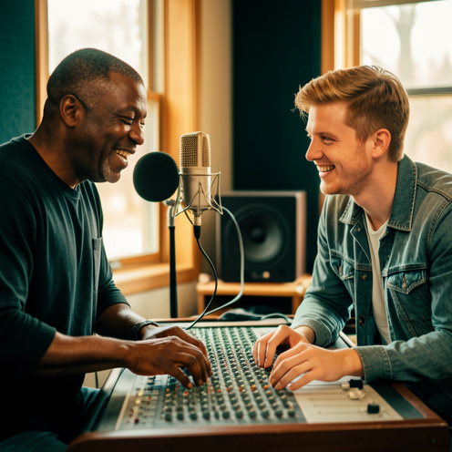 Deux musiciens collaborent chaleureusement dans un studio d’enregistrement autour d’un microphone vintage et d’une console de mixage.