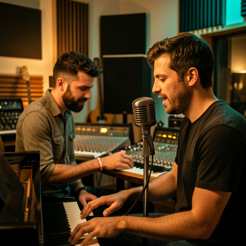 Deux musiciens hommes collaborent dans un studio d’enregistrement chaleureux, entre piano et microphone vintage.