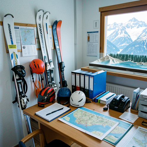 Espace de travail organisé avec skis, casques, équipements de sécurité, cartes vierges et maquette des Alpes évoquant la coordination d’un comité de ski en Savoie.