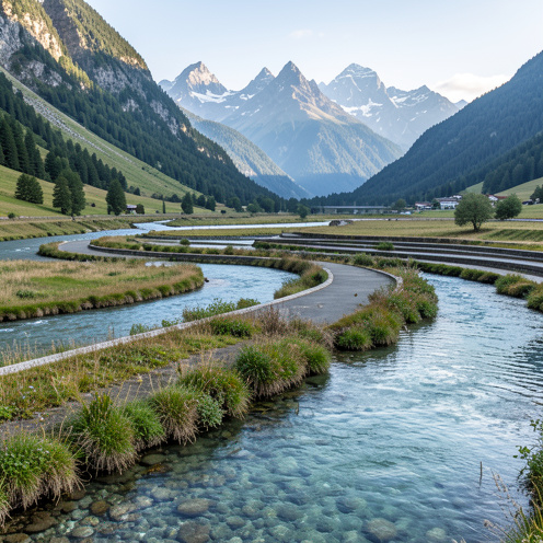 Vue d’une rivière alpine traversant la vallée de la Maurienne, avec des berges restaurées, des zones humides et les montagnes en arrière-plan.