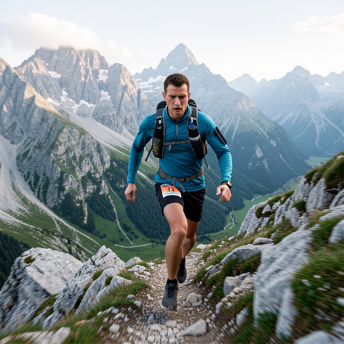 Jeune homme en tenue de trail courant sur un sentier rocheux au cœur des montagnes alpines, avec des sommets et des vallées verdoyantes en arrière-plan.