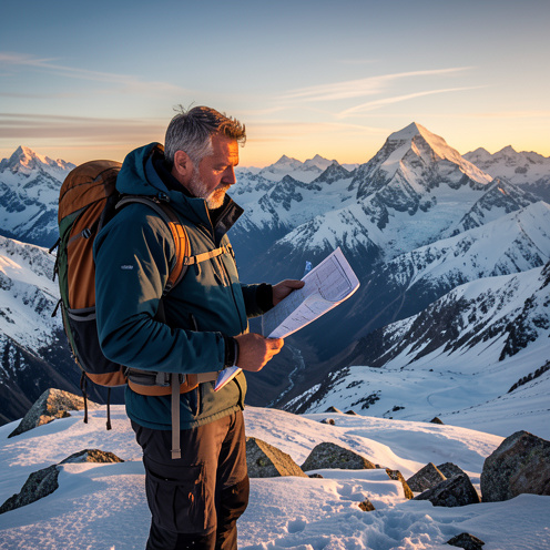 Un homme en tenue d’expédition observe les sommets enneigés de l’Himalaya depuis une crête balayée par le vent.