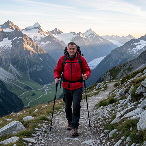 Un homme déterminé marche sur un sentier de haute montagne dans les Alpes, équipé d’un sac à dos et de bâtons de randonnée, face aux sommets enneigés.