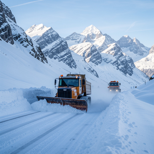 Un chasse-neige à chenilles dégage une route de montagne enfouie sous la neige au col de l’Iseran, entourée de sommets alpins.