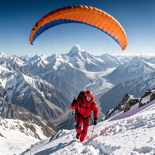 Un alpiniste en combinaison rouge descend en parapente près du Broad Peak, au-dessus des sommets enneigés de l’Himalaya.