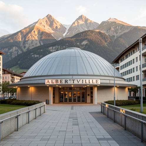 Vue extérieure du Dôme Cinéma à Albertville, avec son architecture arrondie, son accès piéton et les montagnes alpines en arrière-plan.