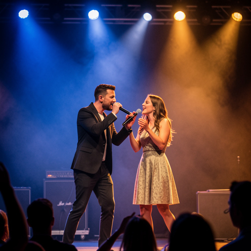 Un chanteur et une chanteuse interprètent un duo pop dans une ambiance de concert chaleureuse, éclairée de lumières bleues et ambrées.