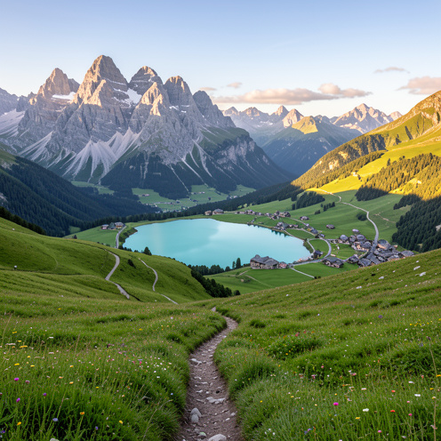 Paysage panoramique de Savoie avec un sentier traversant des prairies alpines vers un lac turquoise, des sommets rocheux et des villages de montagne.