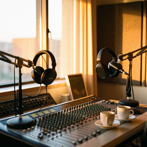 Studio de radio moderne baigné par la lumière dorée du matin, avec microphones, casques audio, console de mixage et tasses de café.
