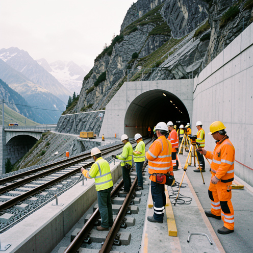 Équipe mixte d’ouvriers, d’ingénieurs, de géomètres et de techniciens ferroviaires travaillant sur un projet de tunnel ferroviaire dans les Alpes.
