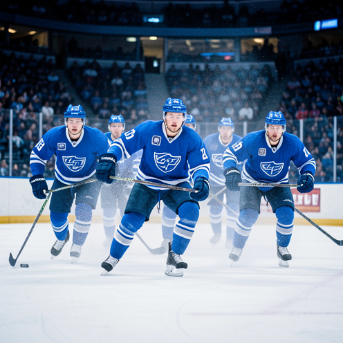 Une équipe masculine de hockey sur glace en uniformes bleus et blancs patine ensemble sur une patinoire, illustrant son ambition sportive continentale.