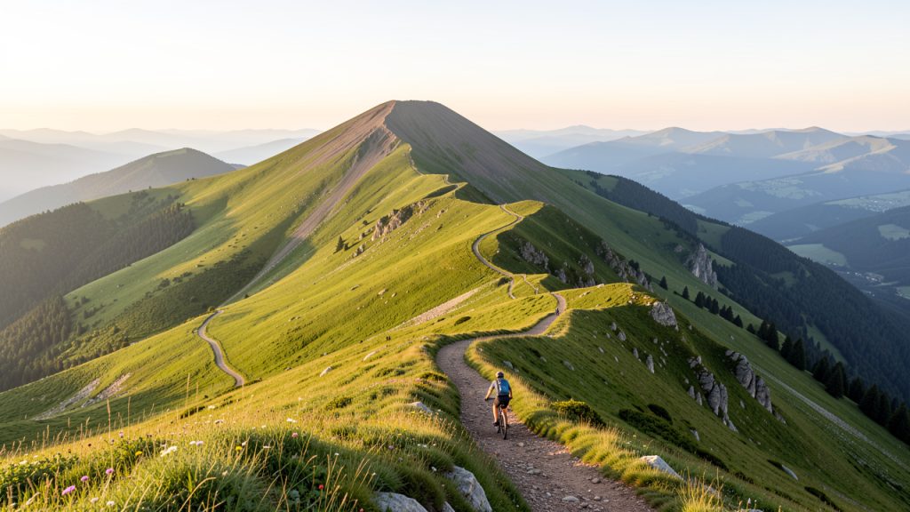 Panorama naturel du puy de Dôme avec un sentier de randonnée, un cycliste et les reliefs volcaniques d’Auvergne sous une lumière matinale.