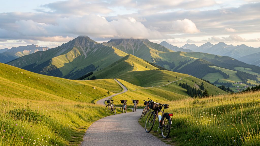 Paysage du Hohneck avec un sentier de randonnée et des vélos posés dans une prairie, entre les crêtes vosgiennes baignées par la lumière du matin.