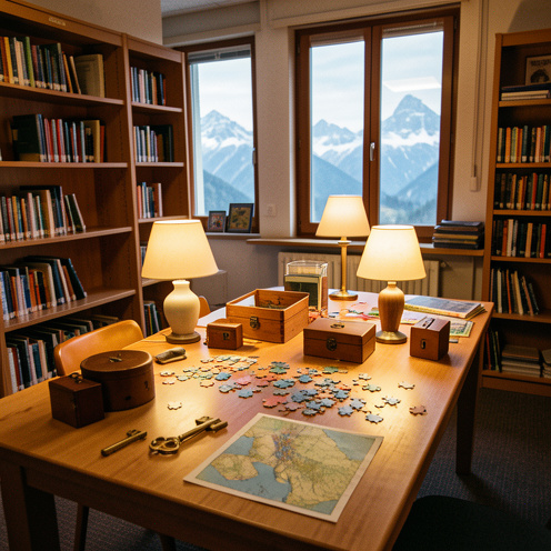Ambiance de jeu d’évasion dans une médiathèque chaleureuse, avec énigmes, clés, coffrets et montagnes alpines visibles par les fenêtres.