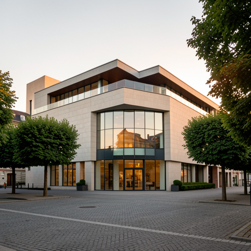 Vue extérieure d’un centre culturel contemporain à Chambéry, avec une architecture géométrique, une entrée vitrée et un espace public arboré.