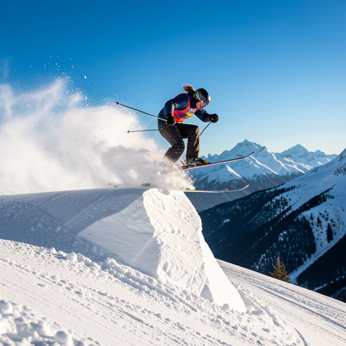 Une skieuse de bosses s’élance au-dessus d’un relief enneigé sur une piste alpine à Tignes, entourée de montagnes sous un ciel bleu.