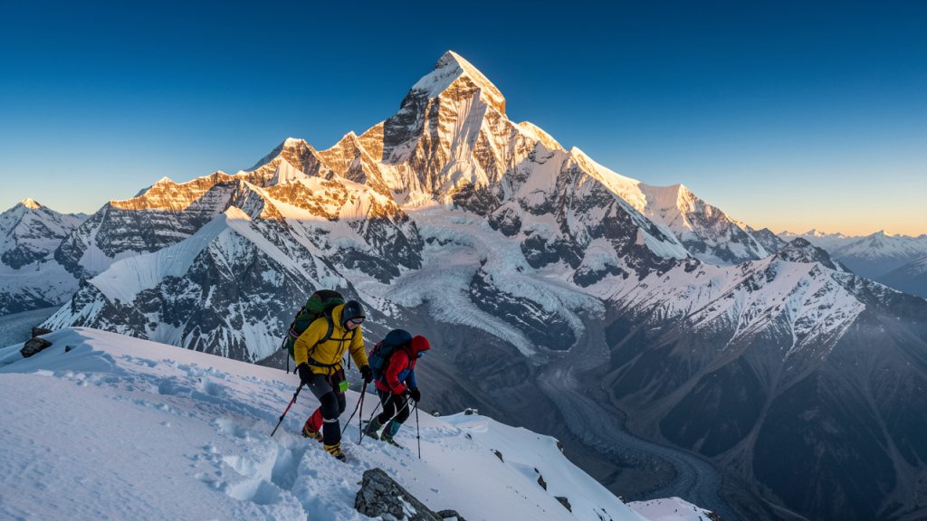 Le mont Everest s’élève majestueusement au-dessus de l’Himalaya tandis que deux alpinistes gravissent une arête enneigée au lever du soleil.