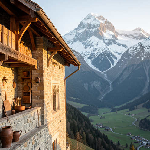 Château historique de Savoie surplombant une vallée alpine entourée de sommets enneigés.