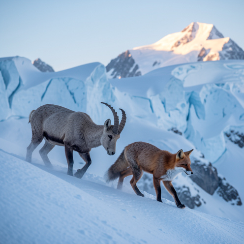 Un bouquetin des Alpes et un renard de montagne avancent sur une crête enneigée au lever du jour, entourés de sommets glacés.