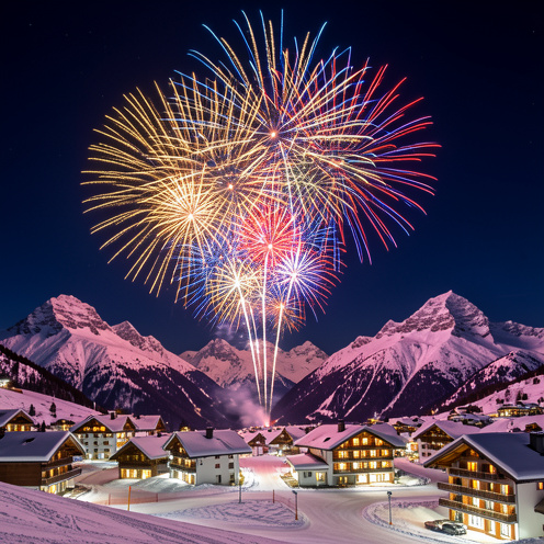 Feu d’artifice spectaculaire illuminant les montagnes enneigées et les chalets de Courchevel pendant la nuit.