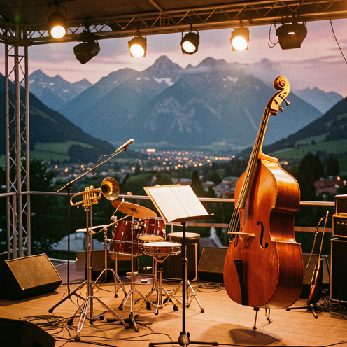 Instruments de jazz sur une scène extérieure à Albertville, avec les Alpes françaises en arrière-plan et une ambiance évoquant l’histoire du festival.