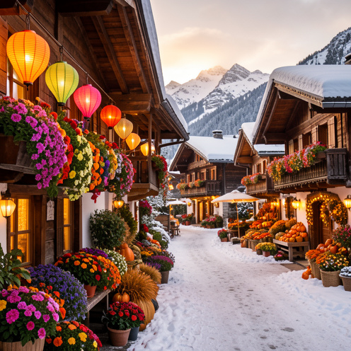 Village alpin traditionnel de Savoie décoré au fil des quatre saisons, entre fleurs printanières, lanternes estivales, récoltes d’automne et lumières hivernales.