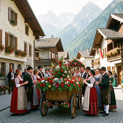 Fête traditionnelle de la Saint-Vincent dans le village alpin de Notre-Dame-de-Bellecombe, avec des habitants en costumes savoyards devant les montagnes.