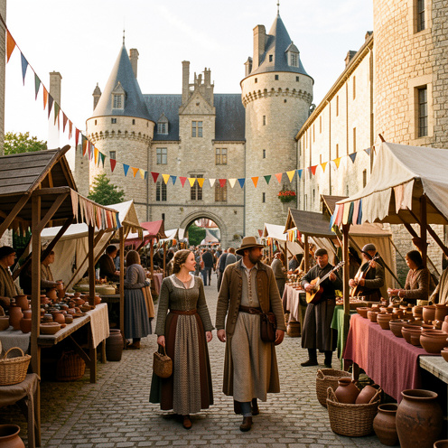 Fête médiévale dans la cour du château de Bissy, avec des visiteurs en costumes historiques, des échoppes artisanales et les tours en pierre éclairées par la lumière de fin d’après-midi.