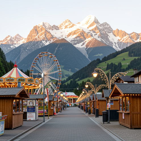 Vue d’une fête foraine installée près d’Albertville, avec une grande roue, un manège coloré et les montagnes alpines en arrière-plan.