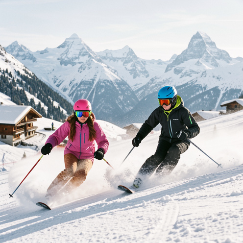 Deux jeunes skieurs, une fille et un garçon, descendent une pente enneigée dans les Alpes avec des chalets et des sommets en arrière-plan.