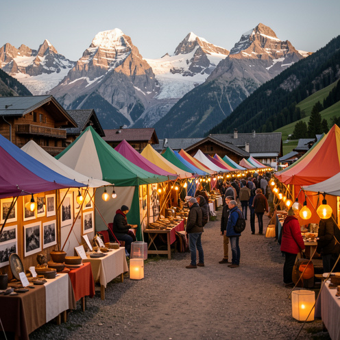 Ambiance d’un festival culturel alpin à Albertville, avec des tentes colorées et les montagnes françaises en arrière-plan.
