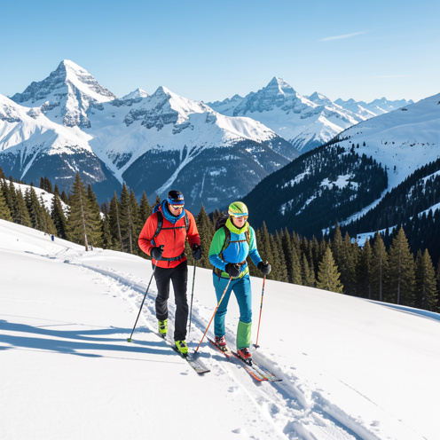 Un homme et une femme en tenue de ski de randonnée progressent sur une arête enneigée, entourés des sommets et des forêts d'Arêches-Beaufort.