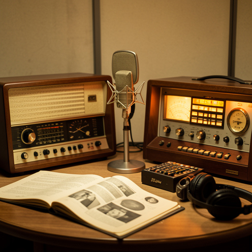 Ancien studio de radio avec microphone, casque audio, bobines et dossiers d’archives éclairés par une lumière chaude.