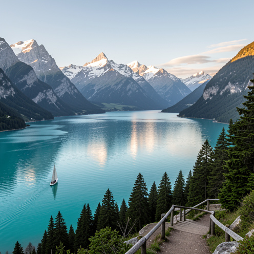 Vue panoramique du lac de Serre-Ponçon aux eaux turquoise, entouré de montagnes alpines et de rives boisées sous une lumière dorée.