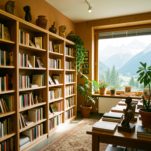 Intérieur chaleureux d’une librairie culturelle à Albertville, avec des étagères en bois, des tables de lecture et une vue sur les montagnes des Bauges.
