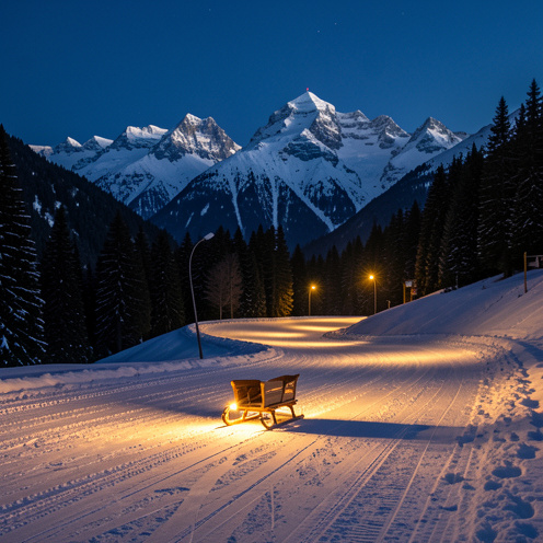 Piste de luge enneigée éclairée la nuit dans les montagnes de Méribel, entourée de sapins et de sommets alpins.