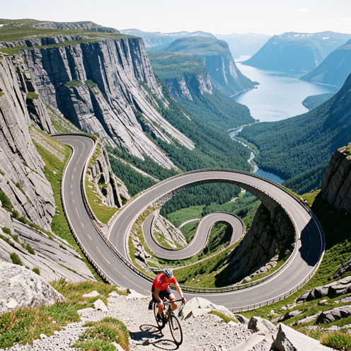 Un cycliste gravit les lacets spectaculaires de Lysebotn, entre falaises granitiques, vallées verdoyantes et fjord norvégien.
