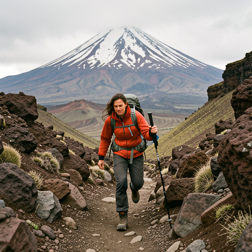 Une femme randonneuse retrouve son équilibre sur un sentier rocheux du Kilimandjaro, avec le sommet enneigé en arrière-plan.